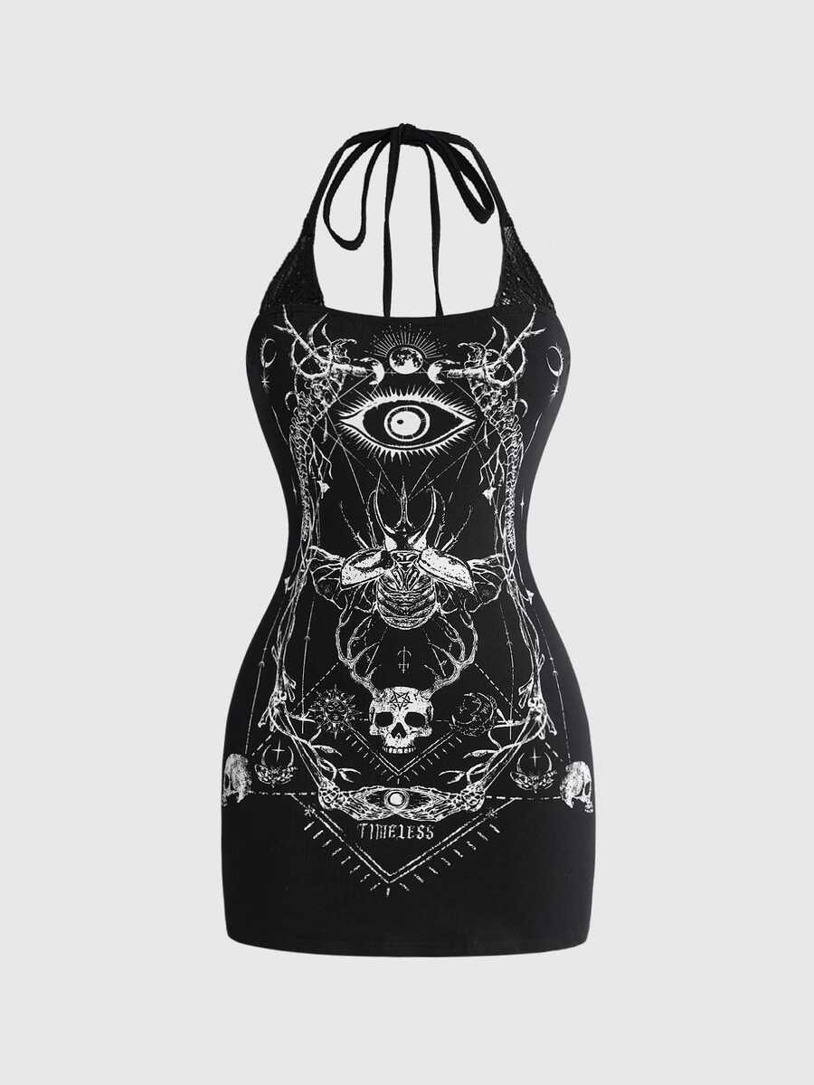 ROMWE Goth 大尺碼女款骷髏印花修身掛脖洋裝 - 黑色 - 查看 1