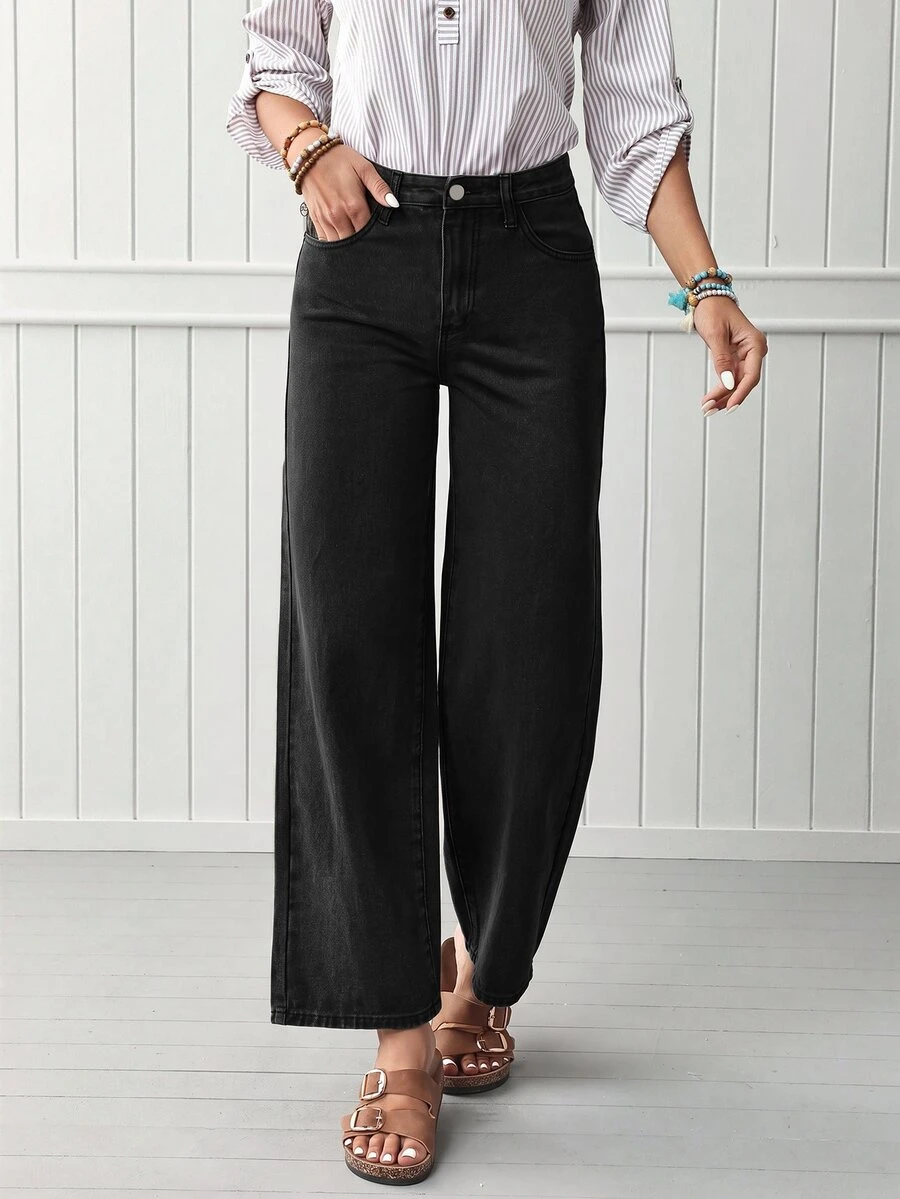 EMERY ROSE Quần jean denim nữ ống đứng dáng rộng, phong cách thường ngày đa năng, có túi - màu đen - Xem 1