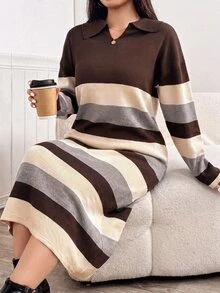 Feyla Plus Size Women's Striped Collared Long Sleeve Casual Knit Dress - Multicolor - View 3
