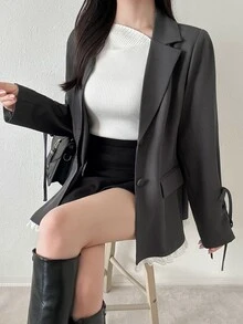 FRIFUL Women's Single-Breasted Long Sleeve Elegant Casual Jacket Office Formal Grey Autumn - Grey - View 6