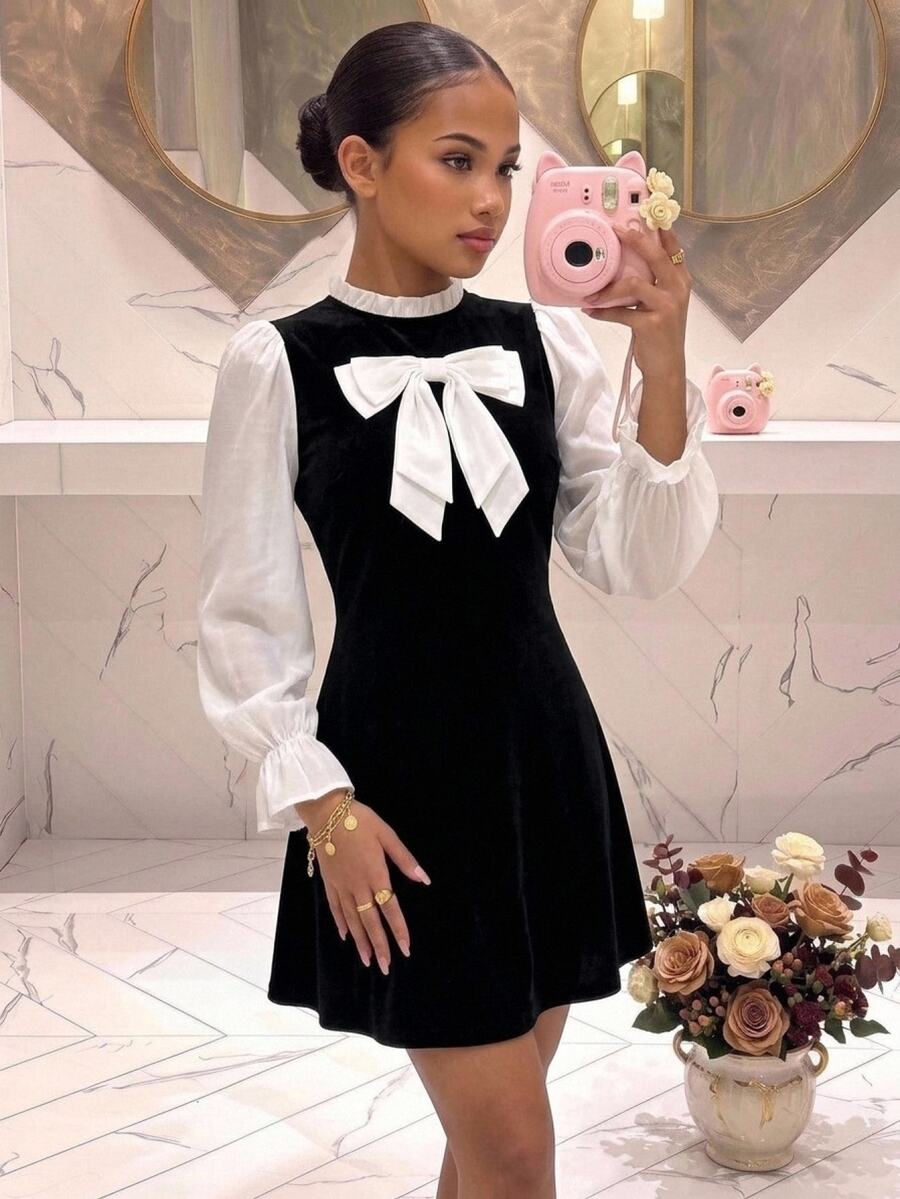 SHEIN Pitira Tween Girl Cute Colorblock Bow Long Sleeve Fall Dress, Fall Outfits For Christmas - Black and White - View 1