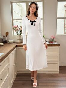 Snug Reverie Contrast Binding Bow Front Lounge Dress - White - View 1