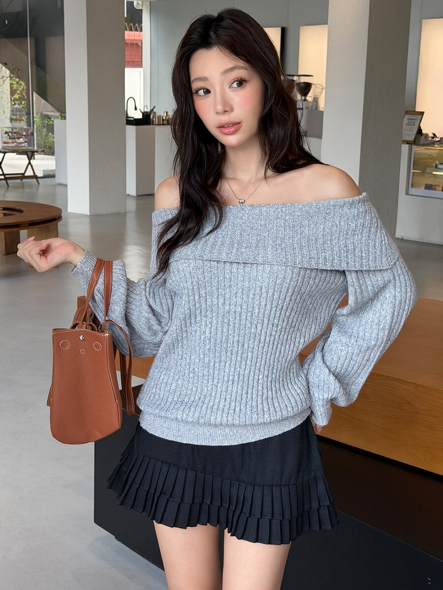 K-Vae 女款秋冬露肩折領長袖優雅百搭針織衫 - 灰色 - 查看 1