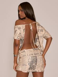 MUSERA Off The Shoulder Newspaper Printed Cinched Waist Mini Dress Sexy Evening Night Going Out Fall Winter Autumn Solitude - Khaki - View 2