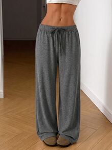 SHEIN EZwear 女款大尺碼高腰寬鬆長褲 秋季 - 灰色 - 查看 5
