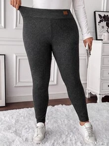 SHEIN CURVE+ 大尺碼女款休閒純色內搭褲，百搭極簡風，適合工作/辦公室/健身房，秋冬保暖內搭褲 - 灰色 - 查看 4