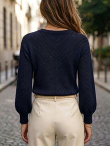 SHEIN Women's Commuter Round Neck Hollow Design Button Long Sleeve Sweater - Navy Blue - View 2