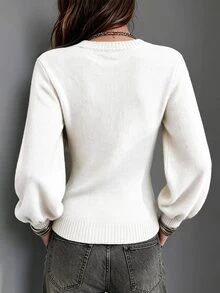 Trelyra V-Neck Long Sleeve Lantern Sleeve Solid Color Sweater - White - View 2