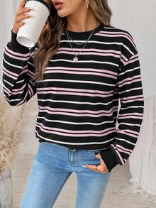 SHEIN LUNE Social Clothing 女款復古圓領撞色橫條紋休閒時尚寬鬆百搭長袖衛衣 - 彩色 - 查看 3