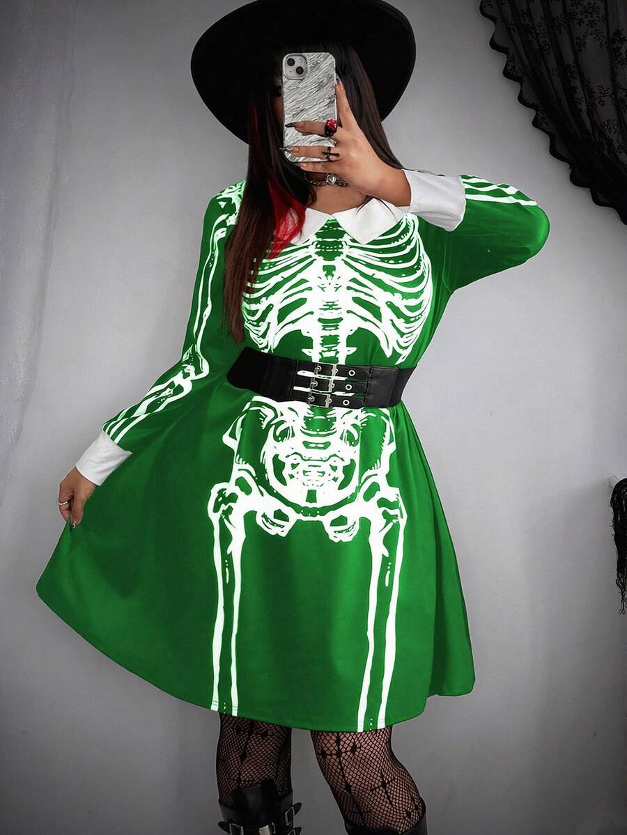 Whyspr 大尺碼萬聖節 Cosplay 暗黑龐克 Wednesday 風格骷髏領口復古可愛短洋裝 - 彩色 - 查看 1