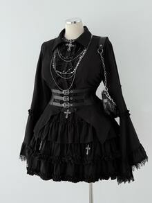 Sunspun Plus Size Dark Style Long Sleeve Asymmetrical Hem Button Shirt - Black - View 5