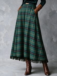 Solivie Women's Autumn Navy Blue Plaid Asymmetrical Hem Skirt - Green - View 6