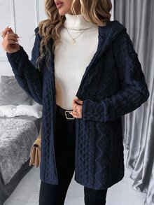 SHEIN Clasi 大尺碼女款紋理長袖抓絨連帽休閒夾克 - 藏蓝色 - 查看 10