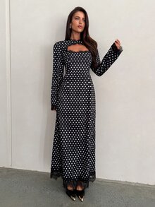 Aloruh Minimalist Commuter Contrast Lace Cutout Long Sleeve Black & White Polka Dot Long Dress For Women - Black and White - View 5