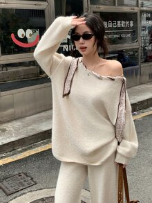 DAZY Women's Off-Shoulder Solid Color Casual Long Sleeve Korean Style Sweater 2 Pieces Set - Apricot - View 8