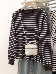 Muvela Women's Brown Striped Long Sleeve T Shirt Crew Neck Round Neck Casual Loose Fit Ribbed Cuff Drop Shoulder Stripe Tee Top Fall Winter Layering Blouse - Multicolor - View 1