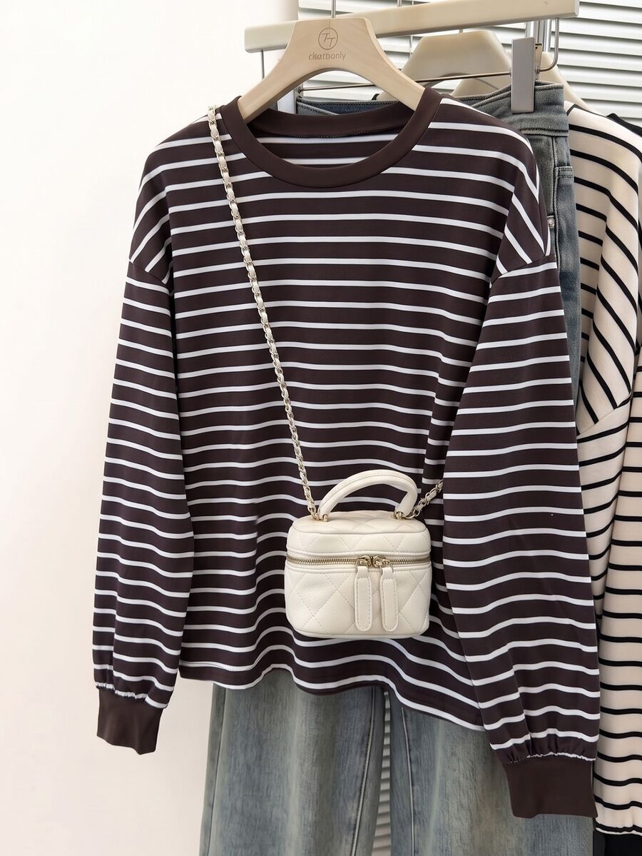 Muvela Women's Brown Striped Long Sleeve T Shirt Crew Neck Round Neck Casual Loose Fit Ribbed Cuff Drop Shoulder Stripe Tee Top Fall Winter Layering Blouse - Multicolor - View 1