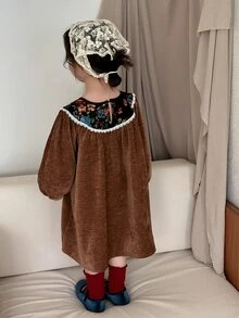 DAZY Infant (Girl) Round Neck Color Block Long Sleeve Autumn/Winter Dress - Coffee Brown - View 2