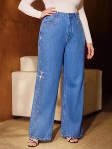 Anewsta Women's Fashion New Heavy Rhinestone Embellished Blue Straight Leg Plus Size Jeans - Blue - View 6