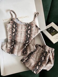 Franclia Women's Snake Print Camisole Top And Elastic Waist Shorts Casual Vacation 2 Pieces Set - Brown and White - View 2