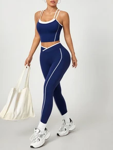 SHEIN Dewbera Women's Colorblock Patchwork Camisole & Leggings Slim Fit Sports Set - Navy Blue - View 5