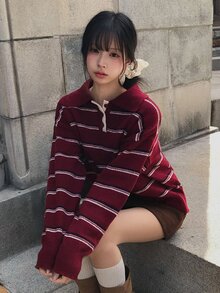 DAZY Women's Colorblock Striped Loose Fit Lapel Long Sleeve Casual Street Vacation Spring Autumn Winter Pullover Knit Sweater - Red - View 4