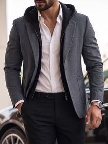 Manfinity Mode Men's Old Money Grey And Black Colorblock Hooded 2 In 1 Suit Jacket, Casual Textured Two-Button Loose Fit Versatile Commuter Blazer, - Dark Grey - View 1