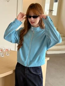 K-Vae Women's Light Blue Stand Collar Loose Casual Zip-Up Cardigan Jacket Top - Blue - View 7