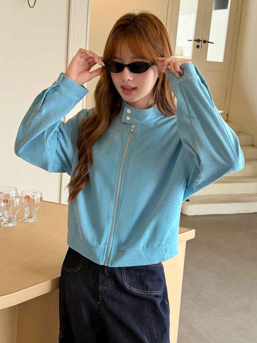 K-Vae Women's Light Blue Stand Collar Loose Casual Zip-Up Cardigan Jacket Top - Blue - View 1