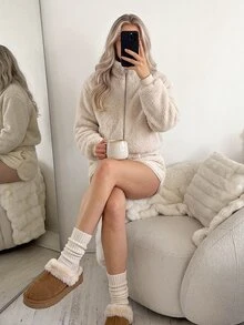 Easowa Zipper Front Plush Jacket Casual Relaxed Elegant Commute Old Money Style Autumn/Winter Women's Jacket - Khaki - View 5