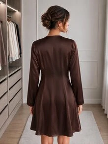 Easowa Women's Double-Breasted Long Sleeve Short Dress - Brown - View 6