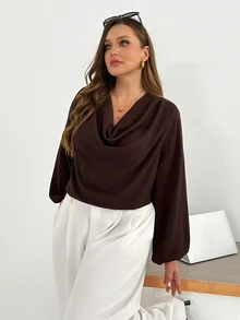 Shapeblank Plus Size Women's Draped Neck Solid Color Blouse Suitable For Dating, Vacation, Party, Daily Outings, Gatherings, Outdoor Activities - Brown - View 6