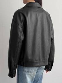 DAZY Lapel Zipper Loose Fit Versatile BF Style Motorcycle Leather Jacket Long Sleeve - Black - View 2