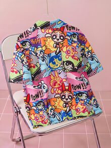 THE POWERPUFF GIRLS X SHEIN 女款短袖領口襯衫，卡通印花，波普藝術風格角色滿版印花 - 粉色 - 查看 2