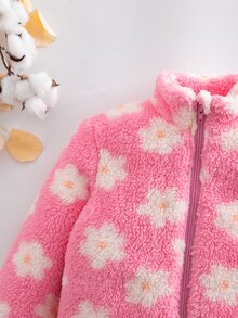 SHEIN 女童活力度假風粉色花卉圖案立領長毛絨拉鍊開襟外套，適合冬季外出 - 粉色 - 查看 5