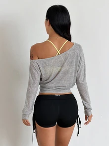 Coolane Women's Solid Color Asymmetric Shoulder Long Sleeve Casual Fashion T-Shirt - Grey - View 2
