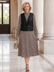 EMERY ROSE Women's Slim Fit Black Tank Top And High Neck Long Sleeve Houndstooth Maxi Dress Set Office Formal Winter Elegant Casual - Multicolor - View 6