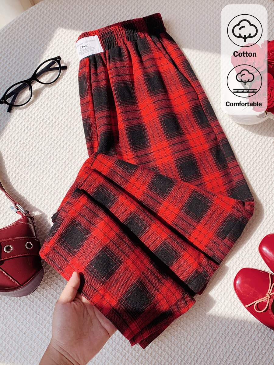 Comfortcana Spring/Summer Loose Casual Vacation Patch Straight Leg Long Pants - Red - View 1