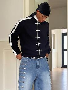 STEELVANCE Men's New Chinese Style Colorblock Patchwork Fashion Minimalist Denim Jacket - Black - View 6