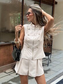 Serisse Women's Casual Button Decor Zipper Stand Collar Vest And Shorts 2 Pieces Set - Apricot - View 1