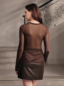Anewsta Early Autumn New Solid Color Front Pleated Ruched Design Slim Fit Elastic Mesh Fabric Daily Commute Versatile Women's Long Sleeve T-Shirt Top - Coffee Brown - View 2