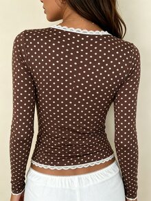 INAWLY Women's French Lace Patchwork Polka Dot Blouse - Coffee Brown - View 2