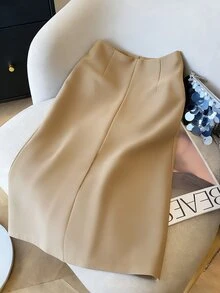 GlowEve CURVE Fashion Plus Size Women's Short Skirt, Front Center Fabric Button, Elastic Waistband, Back Center Zipper - Khaki - View 2