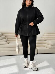 EMERY ROSE Plus Size Black Minimalist Zipper Cinched Waist Long Sleeve Sweatshirt Casual Fall/Winter - Black - View 6
