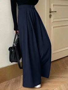 DAZY 女款純色口袋百褶高腰寬腿長褲 - 藏蓝色 - 查看 6