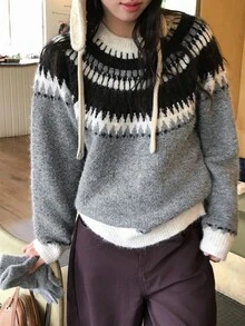 DAZY Women's Round Neck Contrast Color Autumn/Winter Korean Style Long Sleeve Sweater - Grey - View 5