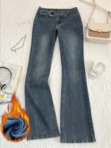 SHEIN PETITE Women's Casual Versatile Daily Wear Denim Flare Jeans - Dark Wash - View 6