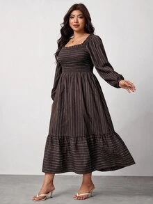 Enliva Plus Size Women's Vacation Loose Plaid Dress - Brown - View 4