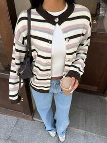 Autumina Women's Gentle Style Contrast Color Striped Cardigan Sweater, Autumn/Winter - Multicolor - View 3