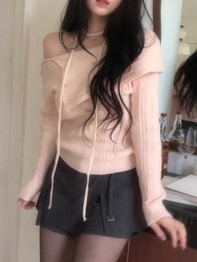 DAZY Women's Pink Off-Shoulder Large Lapel Tie-Front Fitted Ribbed Knit Short Pullover Sweater With Long Sleeves - Pink - View 6